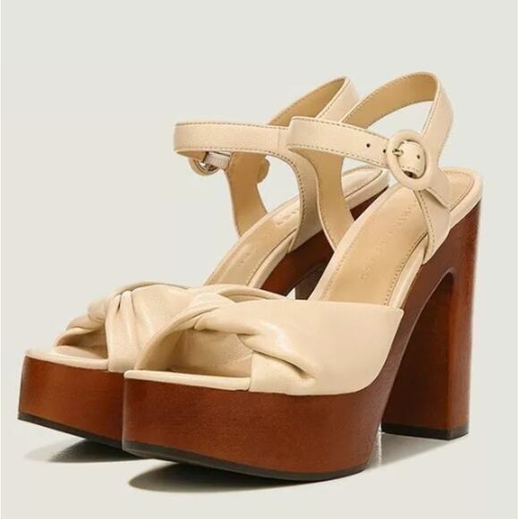 VERONICA BEARD Womens Gela Platform Sandals 10 Cream Shell Wood Leather NWOB - Picture 1 of 12